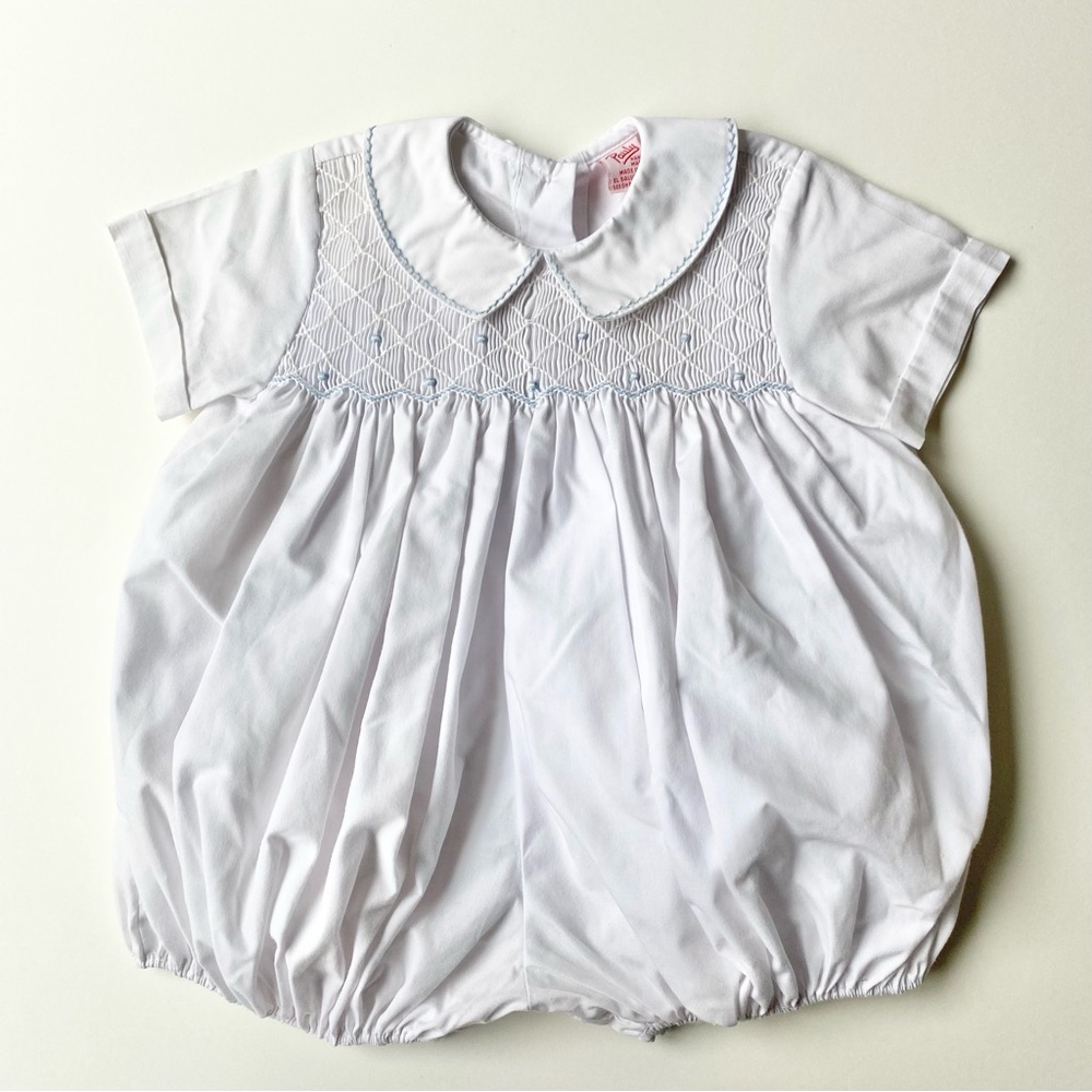 Pauly Vintage White Baby Romper w/ Smocked and Embroidered Detailing Size 6 M